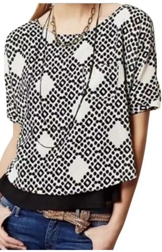 MEADOW RUE Anthropologie Women XS Zane Black White Diamond Print Layered Top E