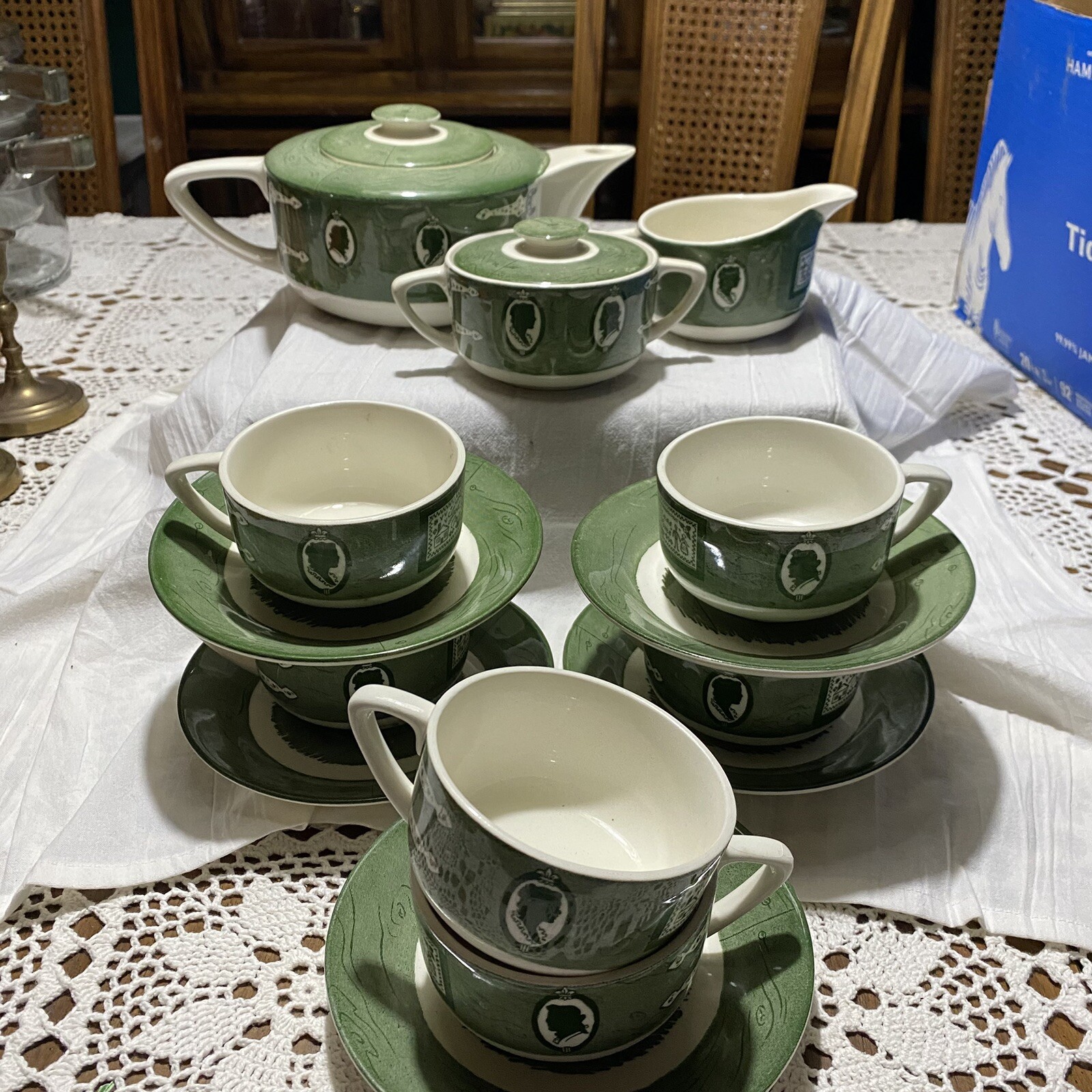 Royal Colonial Homestead Teapot Serving Set 16pc Cup Plate Sugar Creamer Vintage