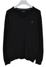 Gant Jumper Men Large Knitted Sweater V-Neck Logo Black