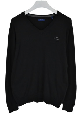 GANT Jumper Mens LARGE Knitted Pullover V Neck Logo Black