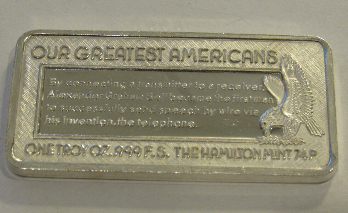 1974 Alexander Graham Bell 1 Troy Oz .999 Fine Silver Bar
