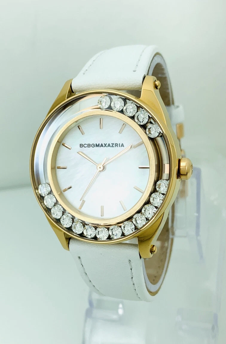 BCBGMAXAZRIA Ladies BG6417 Floating Stone RG Case White Leather Strap Watch