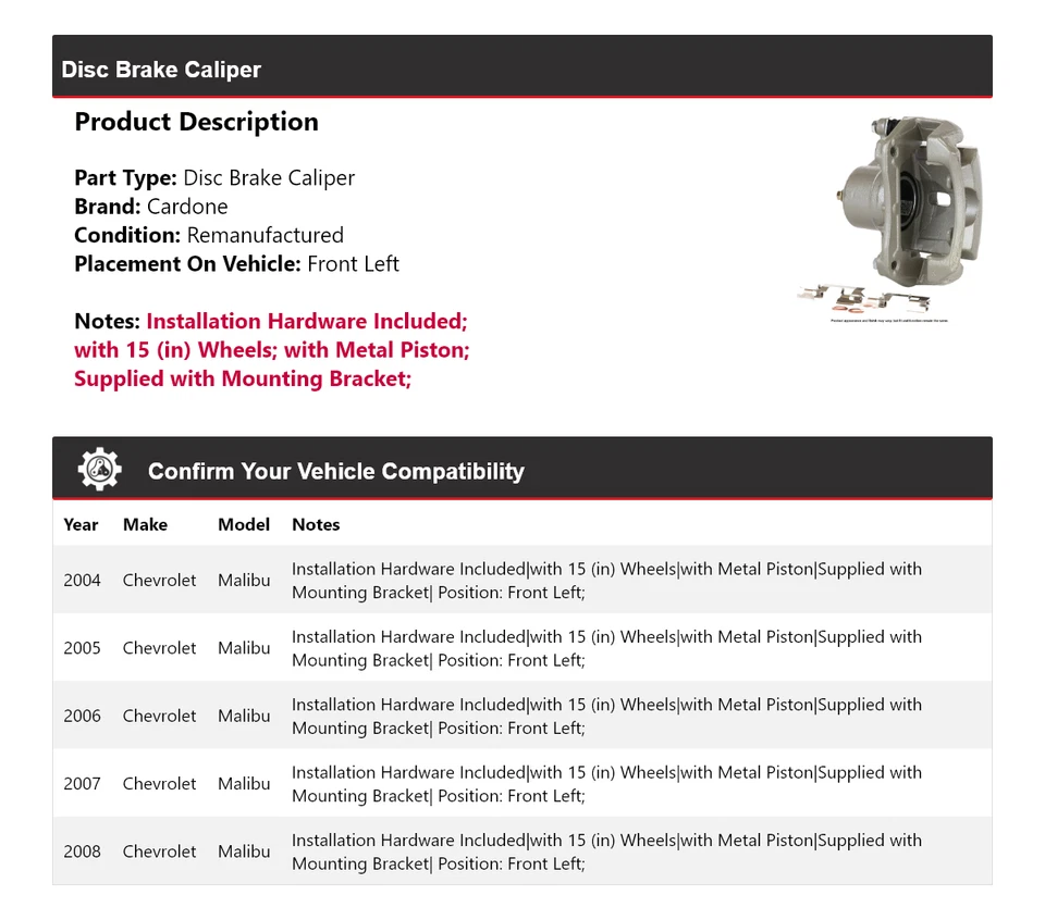 Pinza de freno de disco delantera izquierda cardone 2005 2006 para Chevrolet Malibu 2004-2008 Foto 2 de 4