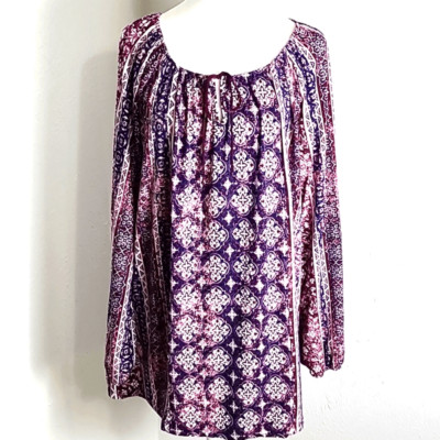 Fred David Purple, Pink, Navy Print Peasant Top with Tie at Neckline, Size 1X