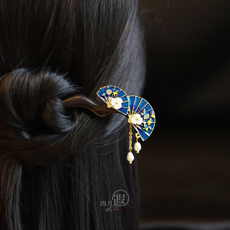 Double Fan Hairpin with Shell Flowers Freshwater Pearl Ebony Retro Cheongsam Gift
