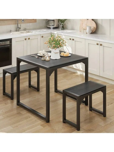 Dining Table Set W/Steel Frame, Kitchen Table Set For 2, Dinner Set W/ 2 Benches