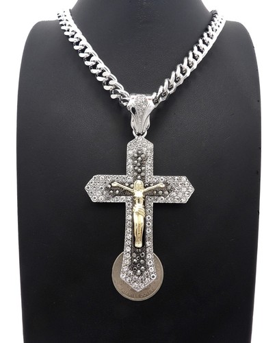 Gold Plated Cubic Zirconia Large Jesus Cross Charm Franco Cuban Chain Necklace - Picture 133 of 165