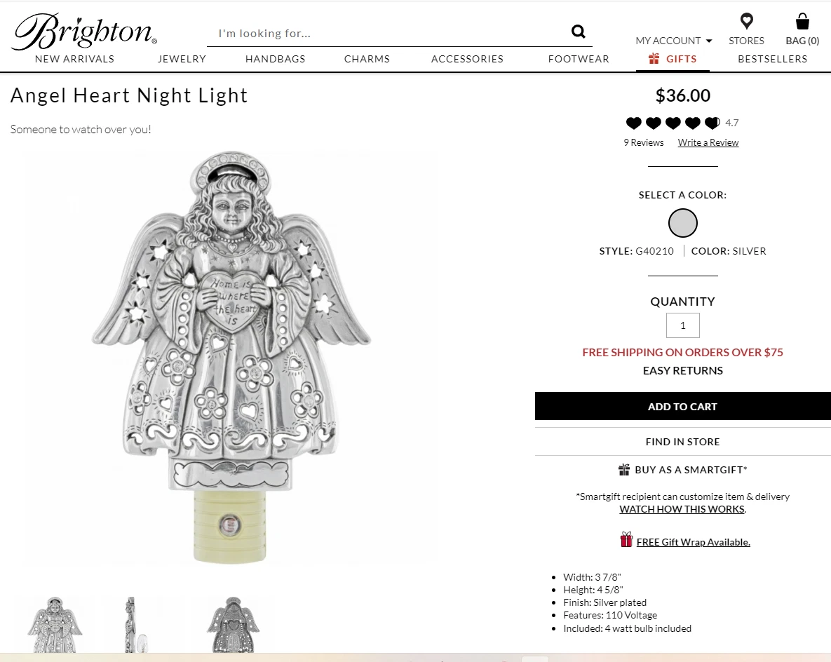BRIGHTON Silver Plated ANGEL HEART ROYALE Night Light COVERS