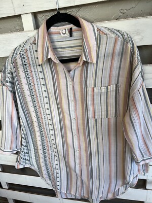 Anthropologie Akemi Kin XS/S Striped Embroidered Tunic Button Women Oversized