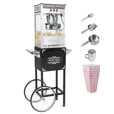 Vintage-Style Rolling Popcorn Popper Machine Cart with 8 Oz Kettle Popcorn Maker