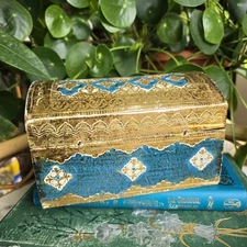Vintage italian florentine Wooden Storage Box Golden Ornate Jewellery Sewing