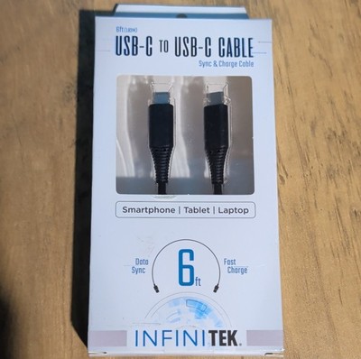 INFINITEK USB-C to USB-C Fast Charge Data Sync Cable 6ft Black for Samsung Apple