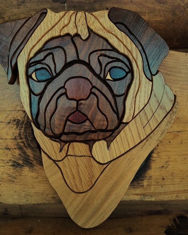 Vintage Intarsia Pug Dog  - Hand Crafted - Signed Donald Mc Kerrow - 5 Woods