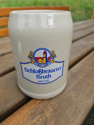 0.5 ltr. Bierkrug ''Schlossbrauerei Reuth'' Steinzeug oder Ton mit Eichstrich