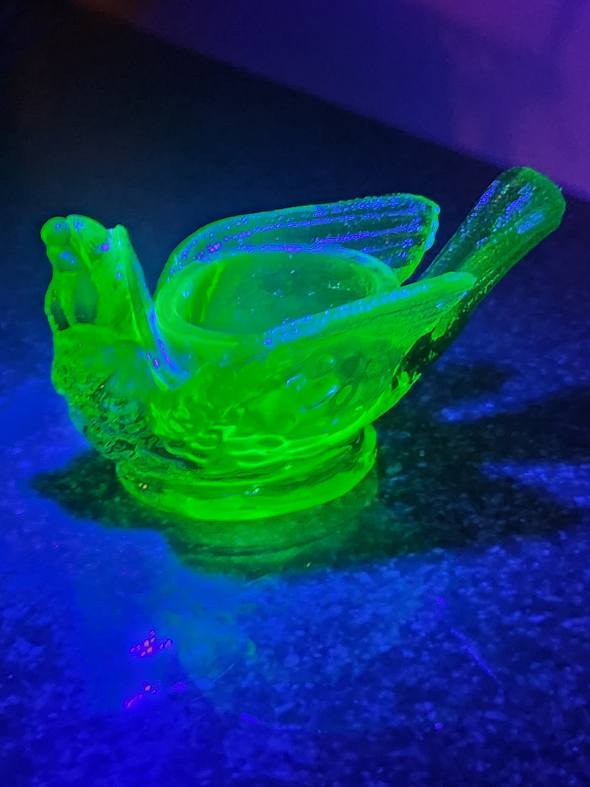 Vintage DEGENHART Green Glass Bird & Berry Salt Cellar Glows With Blacklight