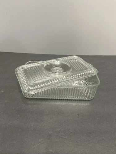 Vtg. ANCHOR HOCKING Clear Glass Rectangular Ribbed Refrigerator Dish Lid Retro