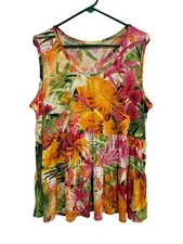 Be Stage Top Plus Size 3XL Peplum Sleeveless V Neck Tropical Floral Resort Boho