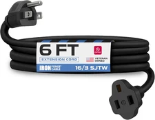 6 Ft Black Extension Cord, 16/3, 6 Foot Extension Cord, 3 Prong, Weatherproof - 