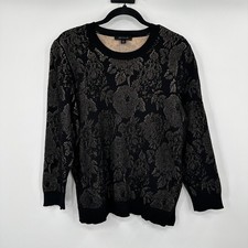 Ann Taylor Black Floral Burnout Knit Sweater Crew Neck Long Sleeve Women XL