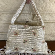 1950's CORDE BEAD Hand Bag, PURSE, CREAM/FLORAL beading, USED