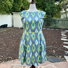 Tahari Fit & Flare Sleeveless Dress Chambray Ikat Blue Green Size 16