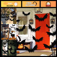 12pcs 3D Hanging Bats Halloween Decorations - Glowing Eyes Flying Bats for Outdo
