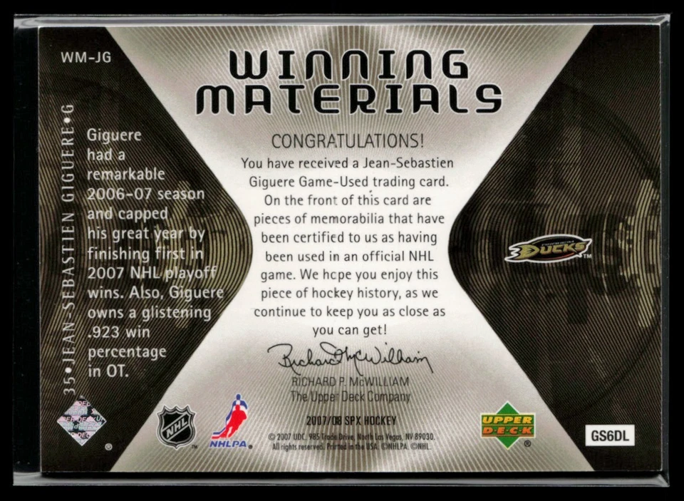 2007-08 SPx Winning Materials #WM-JG Jean-Sebastien Giguere - Image 2 of 2