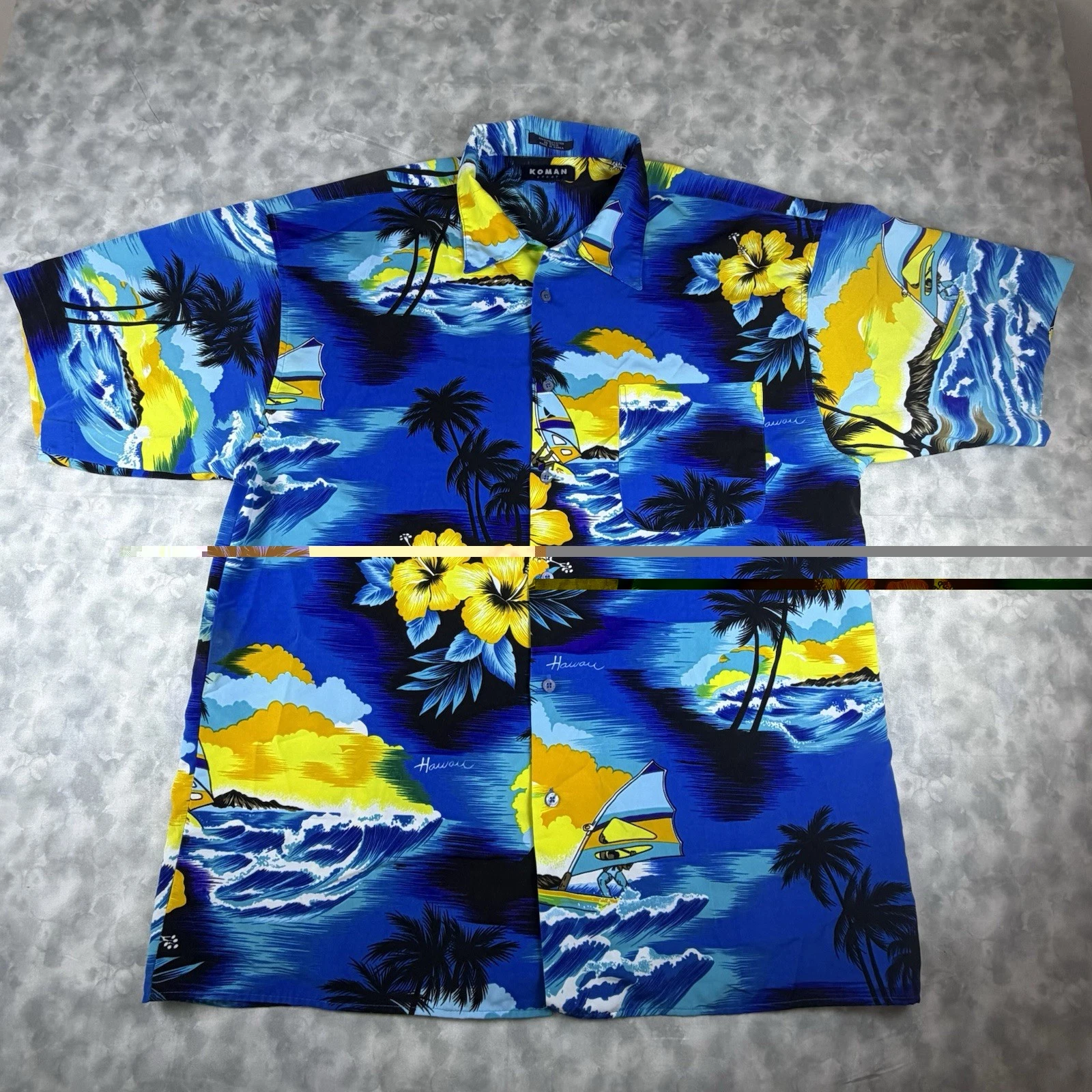 Vintage Koman Sport Hawaiian Casual Shirt Mens XL Blue Island Surfer