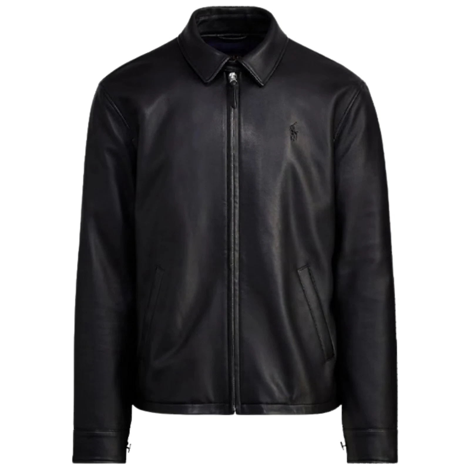 Lauren Ralph Design Black Polo Collar Leather Jacket Motorcycle Biker Casual Men