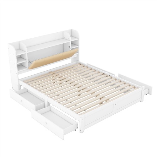 Holzbett 180x200 cm Doppelbett Funktionsbett Bettgestell mit 4 Schubladen Weiß - Bild 10 von 10