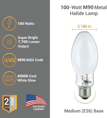 2Pack 100W Metal Halide ED17, E26, Pulse Start, HID Elliptical, 4000K, 7700LM - Picture 5 of 5