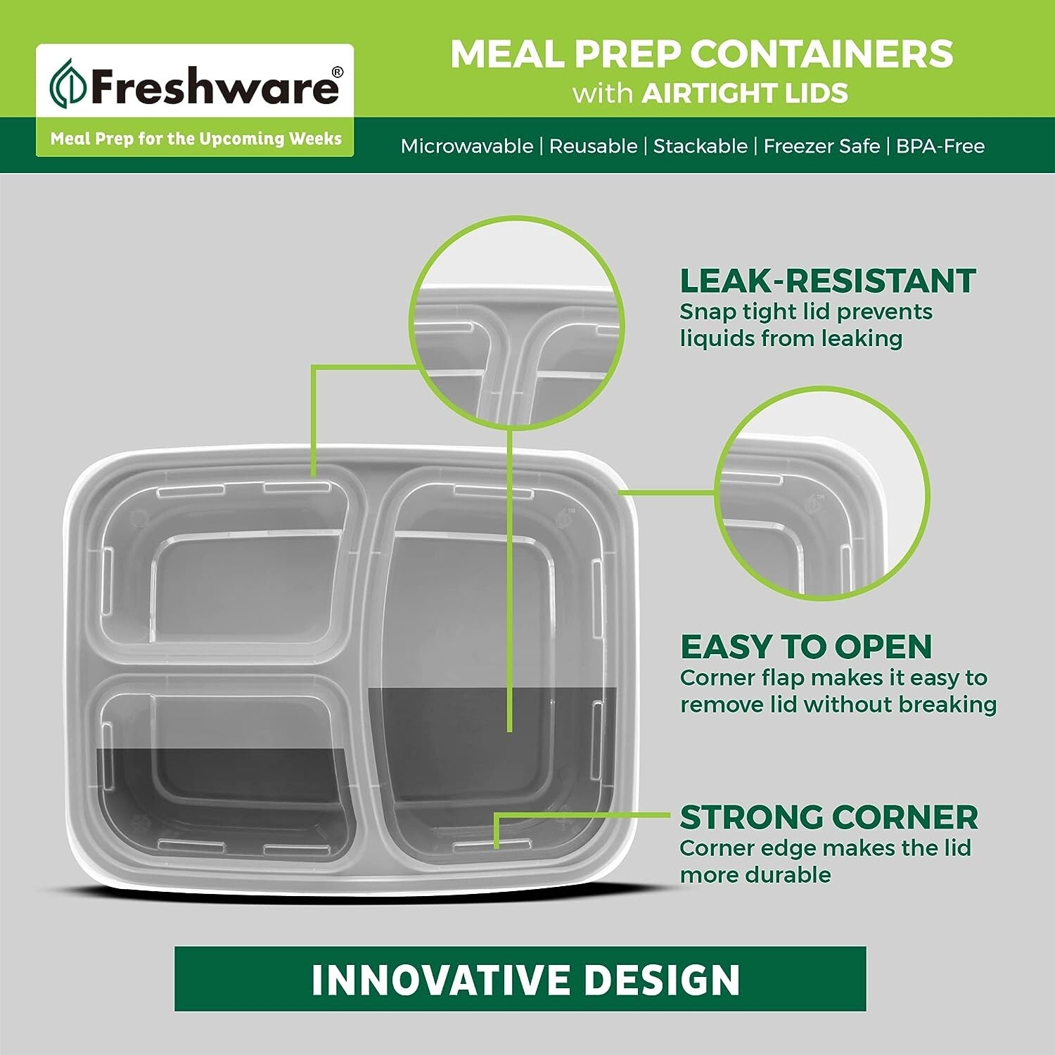 25 Pack Meal Prep Containers 3 Compartment with Lids, Food Storage
