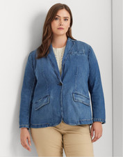 Lauren Ralph Lauren One Button Denim Blazer Navy Plus Size 18W
