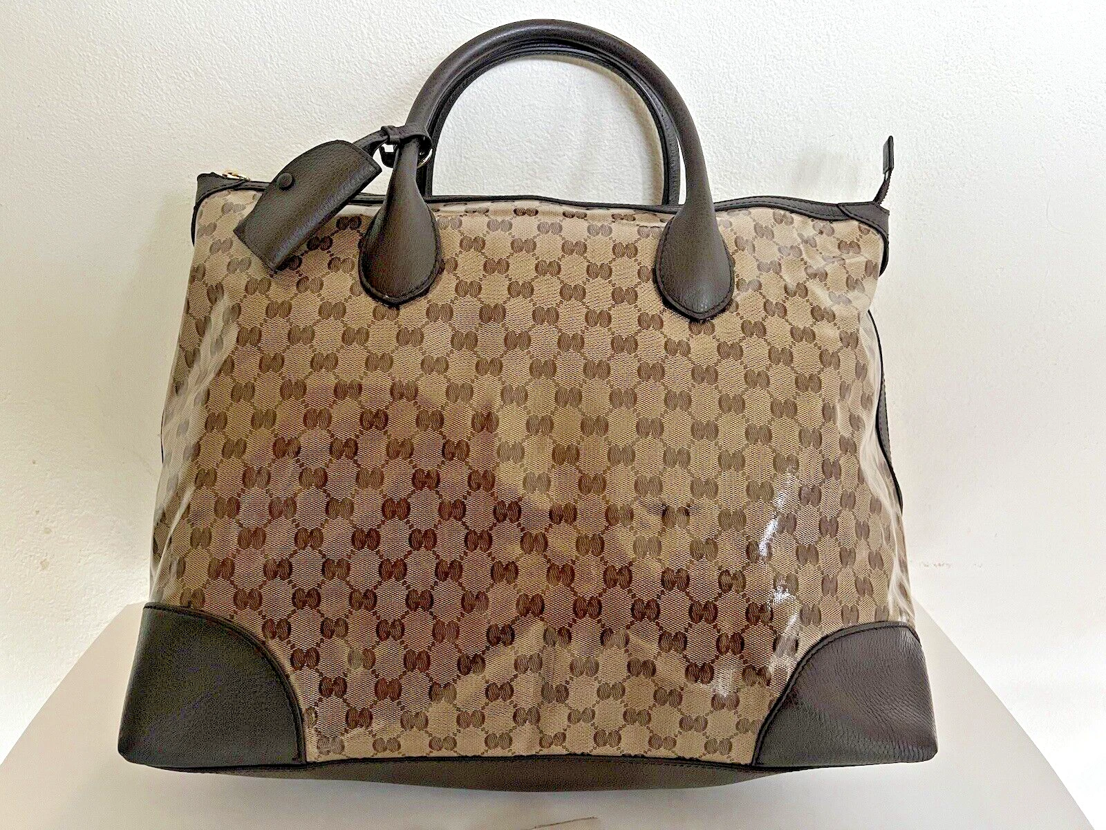 Borsa a mano 100% cristallo Gucci GG marrone finiture in pelle da trasporto bagagli tote 17"