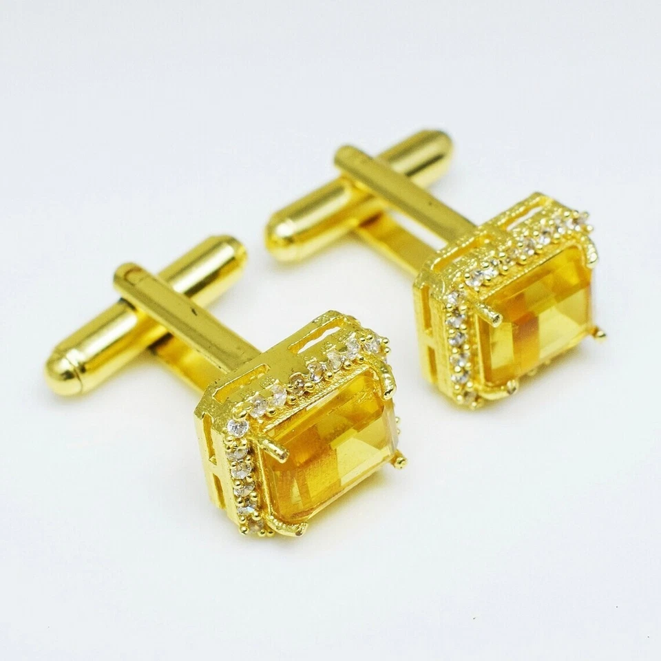 Gemelos de ley 925 chapados en oro con piedras preciosas de citrino natural especial de San Valentín Foto 2 de 3