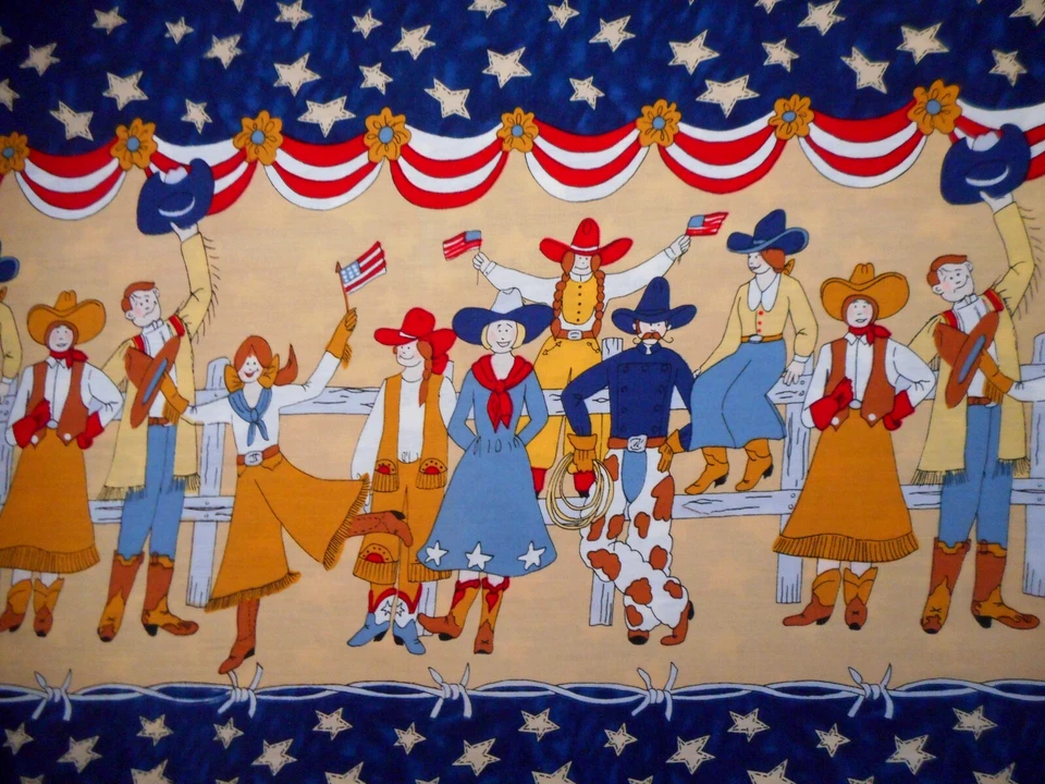 Western Fabric 1 1/8 Patriotic Cowboys Cowgirl Border Stars Navy Moda Cotton Vtg - Image 3 of 4
