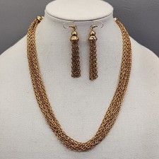 Chain Necklace Pierced Earrings Set Tassel Dangles Gold Tone Cable Layered 20"