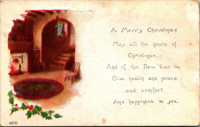 A Merry Christmas Fireplace Cabin Scene Holly UNP Unused DB Postcard E12