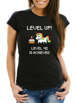 Damen T-Shirt Geburtstag Level Up Pixel-Einhorn Torte Retro Gamer Pixelgrafik