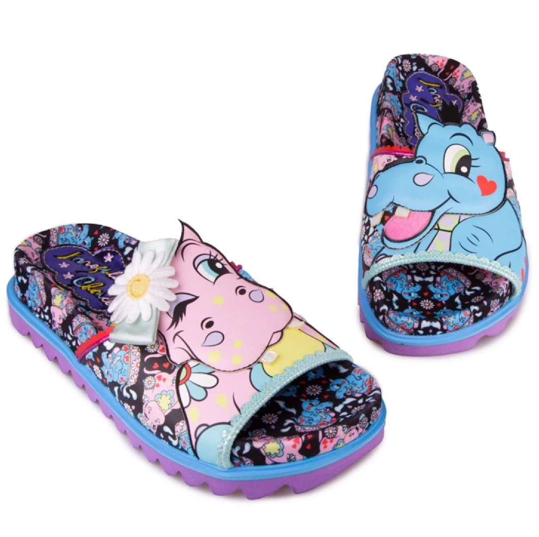 IRREGULAR CHOICE WOMENS HIPPO HOP SLIDES PINK BLUE