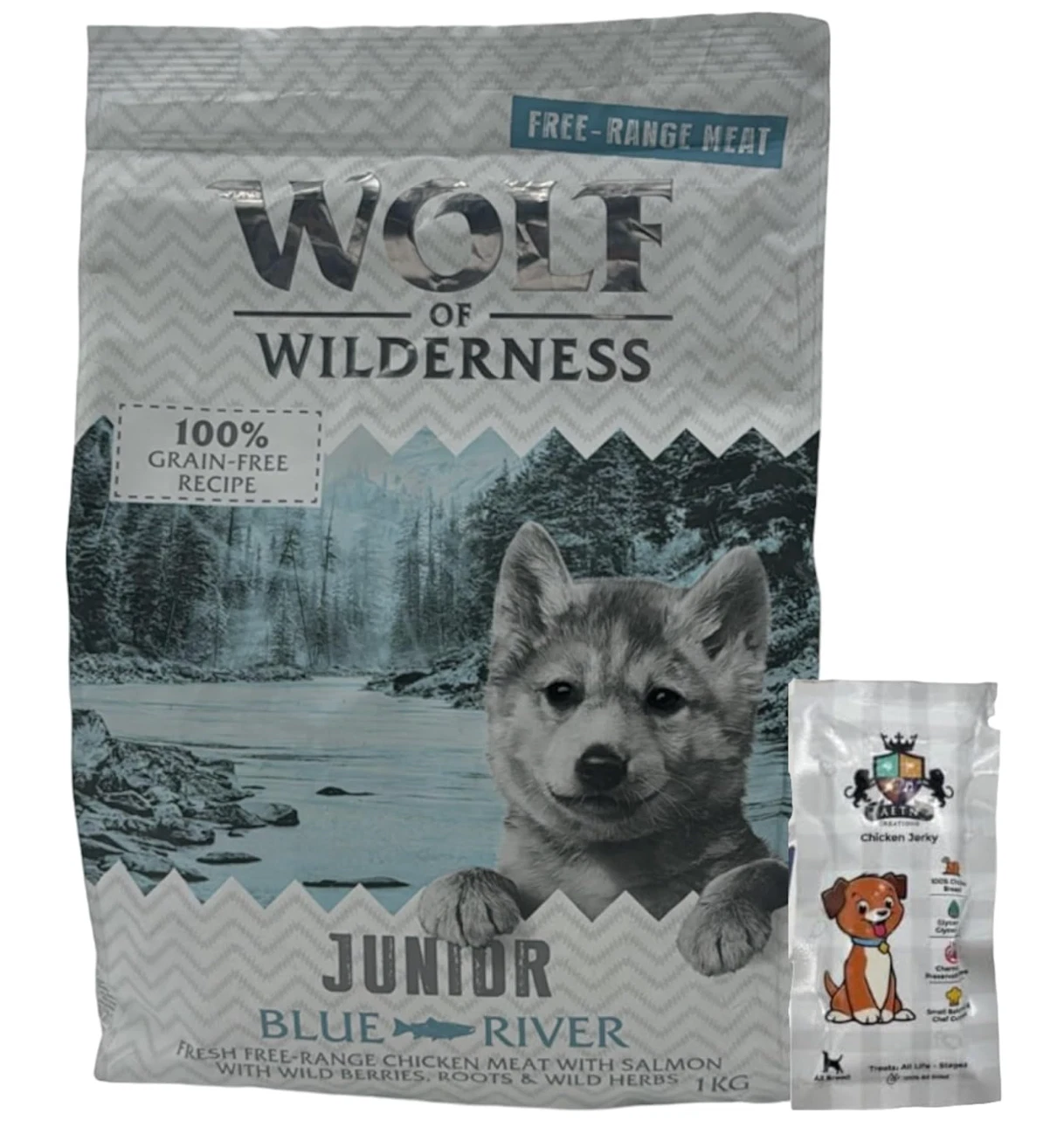 Junior Wolf of Wilderness 1kg Blue River Grain-Free Puppy Food in Salmon + JERKY