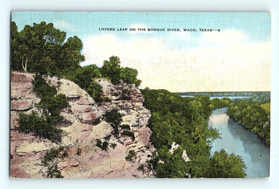 c1940s Waco Texas Lovers Leap on the Bosque River Cliffs Linen Postcard G7