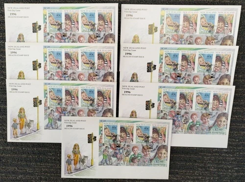NEW ZEALAND 1996 HEALTH CAMP POSTMARK SET FDC’s (x7) MINI SHEET (ID:18/D55385)