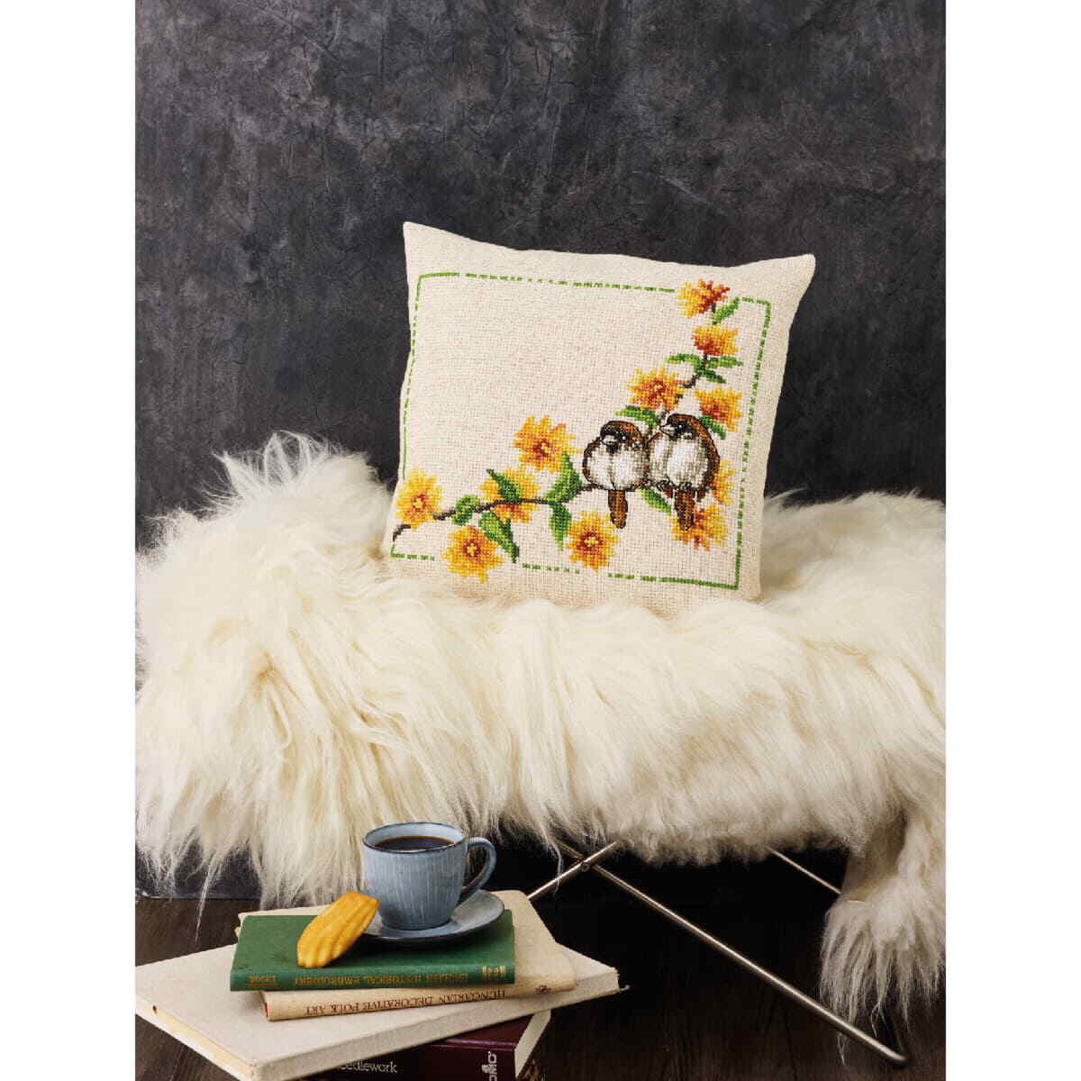 Permin counted cross stitch kit cushion front ""Buttercup & House Sparrow "", 40x4
