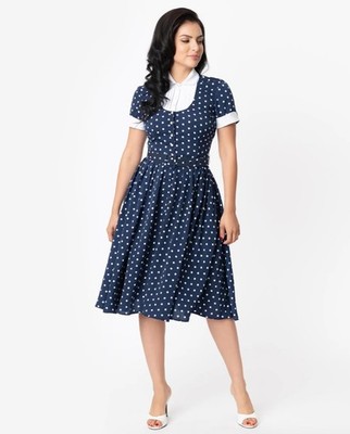 UNIQUE VINTAGE BLUE  & WHITE POLKA DOT RICARDO SWING DRESS   NEW   REG & PLUS Sz