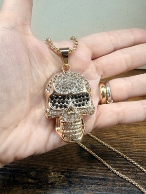 Gold Filled Necklace Skull Charm Pendant Clear & Black Stones Pavé Setting