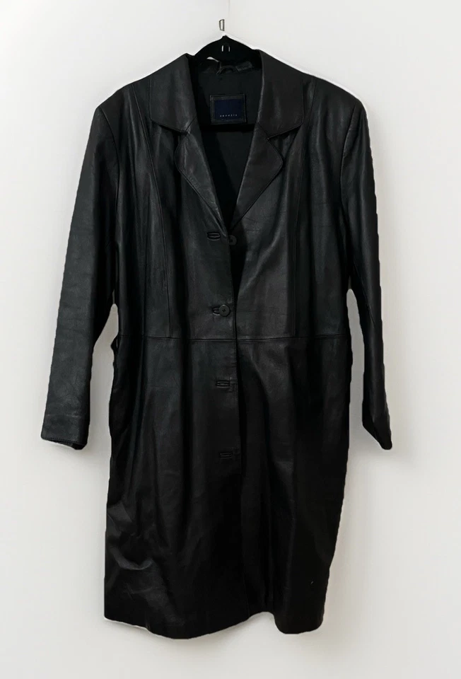 复古 Y2K Venezia L 黑色皮革外套纽扣腰带 Maxi Chic 大衣 — 第 2/4 张图片