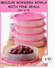 Tupperware MEDIUM WONDERS BOWLS Set of 5 Sheer w/Pink Seals Snacks 1.5 Cups Ea