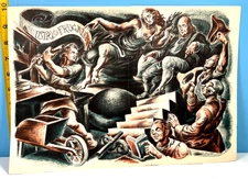 🔥Vintage Industry & Frugality Ben Franklin Printing Press HTF Painting Litho🔥