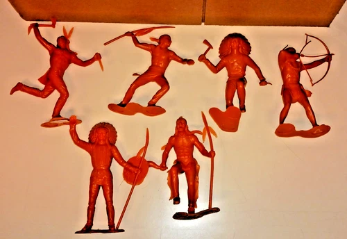 Vintage Original Louis Marx 6" Lot of  6  Western Indian  Plastic Figures 1960's